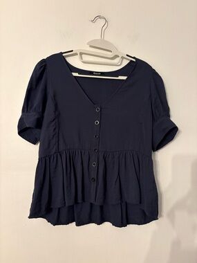 Madewell Navy V-Neck Button-Front Peplum Blouse